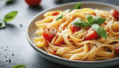 Delicious Pasta With Classic Tomato Sauce On A Gray Plate. Pasta With Healthy Vegetable Sauce.