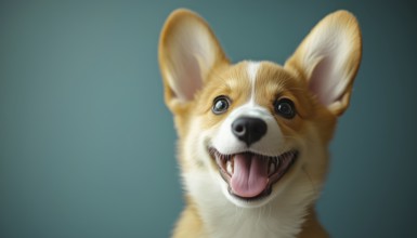 Close-Up Portrait Of A Adorable Corgi Puppy Smiling On A Gray Background With Copy Space For