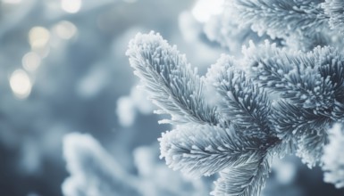 Charming Winter Coniferous Forest With Frost And Snow Covered Trees In Close-Up: A Winter