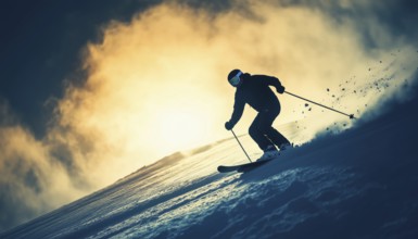 Skiing Silhouette: A Thrilling Winter Extreme Sport Displaying The Art Of Gliding Down Snow-Covered