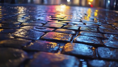 Bottom-View Of Wet Cobblestones On Street Or Road Surface At Night After Rain - Scenic Urban