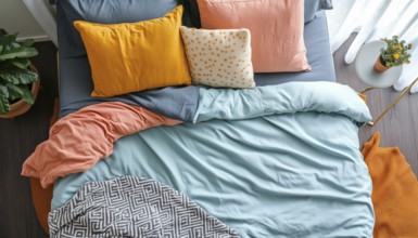 Comfortable Bed With Cotton Blanket And Pillows: Top-View Of Cozy Bed With Beddings In Modern