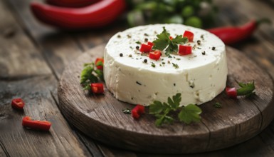 Close-Up Of Traditional Feta Cheese With Red Peppers On Vintage Wooden Board: Round, Homemade,