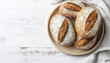 Fresh Bread On A Plate On A Light Wooden Background: Top View With Copy Space For Culinary