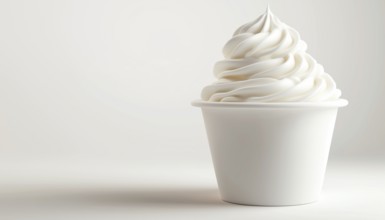Whipped Cream Or Soft Ice Cream In A White Cup, Realistically Presented Against A White Background.