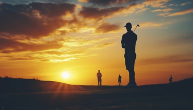 Sunshine Golfing Men: A Group Of Male Golfers Enjoying A Sunny Day Out On The Golf Course, Playing