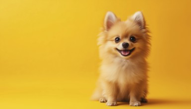 Adorable Pomeranian Spitz Puppy Portrait On Vibrant Yellow Background With Space For Text. Small