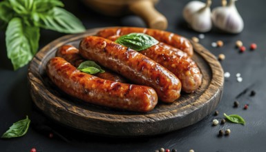 Wooden Plate Presentation Of Mini Smoked Sausages With Garlic And Basil On A Dark Background: The