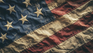 Detailed Image Of Flapping American Flag With Distinctive Folds And Ruffles Captured In A Close-Up