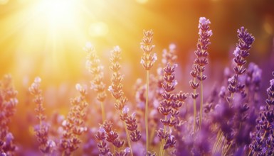 Close-Up View Of Lavender Field In Sunlight With Orange And Gold Sky, Artistic And Zen Nature.