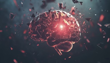 Abstract Brain Technology Logo With Geometric Design, Connected Glass Shatter And Pixel Explosion