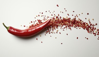 Red Chili Pepper Seed Explosively Burst Out Over A White Background, Showcasing Vibrant Colors And