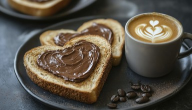 Heart-Shaped Chocolate Cream On Toasted Bread With Coffee And Milk In A Mug - A Delicious Breakfast
