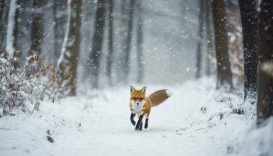 Winter Wonderland: Fox Darting Through Snowy Forest With Large Snowdrifts Among The Trees In Snowy