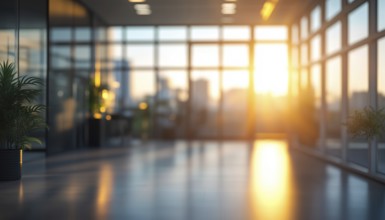 Gorgeous Blurred View Of A Bright Modern Office Interior With Panoramic Windows And Stunning