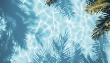 Top View Of Blue Water Pool With Aqua Waves And Palm Shadows - Tropical Summer Mockup For Luxury