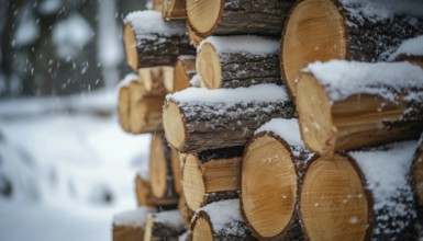 Wood Stacking For Winter: Arranging Blocks And Logs With Snow For Drying And Storage In Close-Up