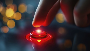 Hand Pressing Red Start Button On Touch Screen With Finger. The Act Of Initiating An Action By