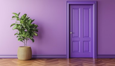 Elegant Purple Living Room With Classic Purple Door And Wicker Vase Of Plants, Accentuated By Brown