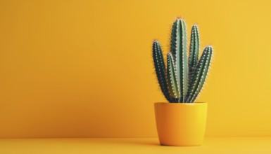 Contemporary Pop Art: Green Cactus In Decor Pot On Bright Orange Pastel Background With Vibrant