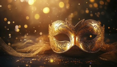 Glamorous Golden Venetian Ball Mask On Dark Background With Space For Text. Perfect For Masquerade