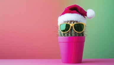 Funky Pop Art Christmas In Summer: Santa Cactus With Sunglasses And Santa Claus Hat On Bright