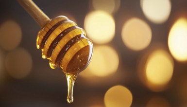 Golden Honey Flowing Out From A Handcrafted Wooden Honey Dipper, Creating A Sweet And Delicious