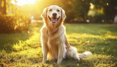Gorgeous And Intelligent Golden Retriever Enjoying The Sun In A Lush Garden Park. A Pet'S Paradise