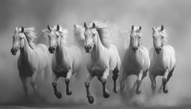 Group Of Gray-Toned Horses Charging Towards The Viewer, Creating A Powerful And Dynamic Image Of