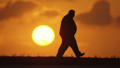 Sunlit Fat Man Silhouetted Walking Against The Sun'S Rays, Exuding A Sense Of Peace And Contentment