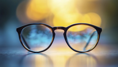 Close-Up Of Eyeglasses With Progressive Lenses For Elderly People On Table, Soft Focus Background,