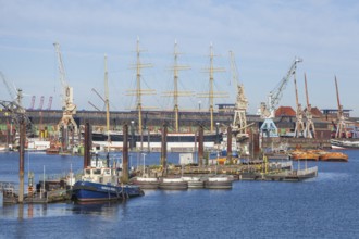 German Harbour Museum with four-masted barque Peking in the Hansa Harbour, Veddel, Hamburg, Germany