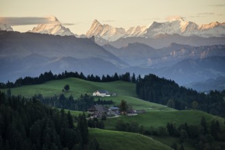 Panorama, snow-covered mountains, Bernese Oberland, view from Lüderenalp, sunrise, Emmental, Canton