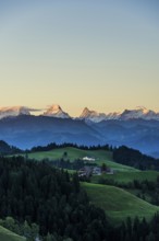 Panorama, snow-covered mountains, Bernese Oberland, view from Lüderenalp, sunrise, Emmental, Canton