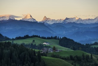 Panorama, snow-covered mountains, Bernese Oberland, view from Lüderenalp, sunrise, Emmental, Canton