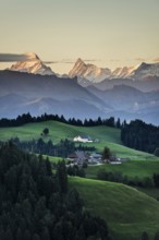 Panorama, snow-covered mountains, Bernese Oberland, view from Lüderenalp, sunrise, Emmental, Canton
