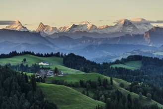 Panorama, snow-covered mountains, Bernese Oberland, view from Lüderenalp, sunrise, Emmental, Canton