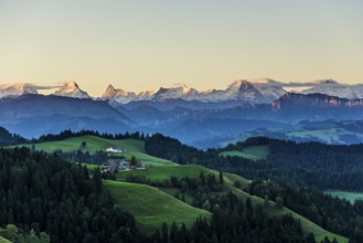 Panorama, snow-covered mountains, Bernese Oberland, view from Lüderenalp, sunrise, Emmental, Canton