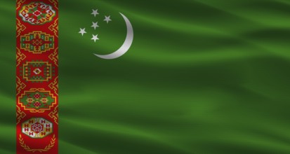 Turkmenistan flag with fabric texture. Realistic flag of Turkmenistan waving