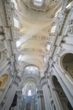 Impressive baroque church architecture with ornately decorated ceiling in the interior, Munich,