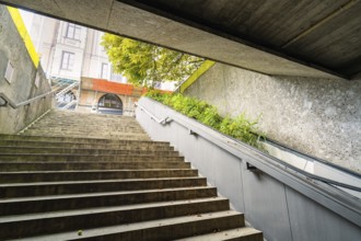 Grey staircase leads into an underground station. Concrete walls and green plants along the