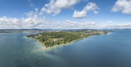 Aerial view, panorama of Lake Constance with Strandbad Horn, Bodenseestadion and Lorettowald, on