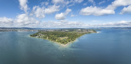 Aerial view, panorama of Lake Constance with Strandbad Horn, Bodenseestadion and Lorettowald, on