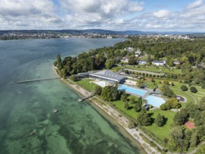 Aerial view of the Lake Constance-Therme, outdoor swimming pool in Constance, district