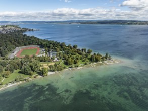 Aerial view of Lake Constance with the Horn lido and Lake Constance stadium, Constance district,