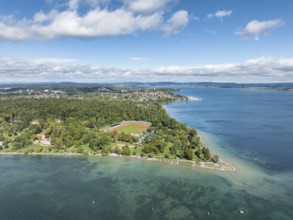 Aerial view of Lake Constance with Strandbad Horn, Bodenseestadion and Lorettowald, district of