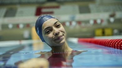 Turkish Paralympic champion swimmer Sevlay Öztürk trains in a swimming pool in Gaziantep, Türkiye,