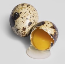 Two brown dappled quail eggs with a opened one with egg white draining off