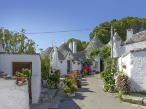 Sunny impression of trulli houses at a town named Alberobello in Apulia, Italy