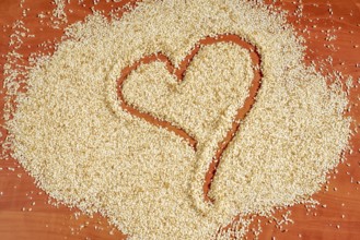 Heart-shaped trace in sesame seeds on red brown back